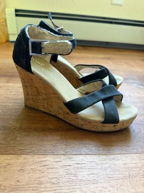 TOMS Black Cork Wedge Sandals with Cross Straps